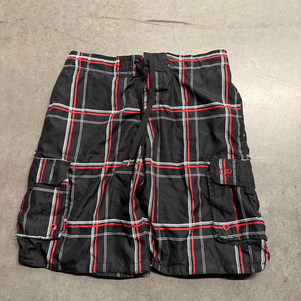 OP Ocean Pacific Mens Plaid Board Shorts Black Red White Cargo Swim Trunks M